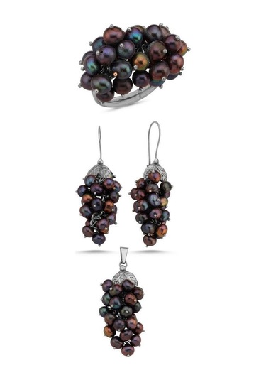 Kadın Üzüm Salkımı Doğal İnci Küpe Kolye Yüzük Üçlü Set 8 / Beyaz Gümüş