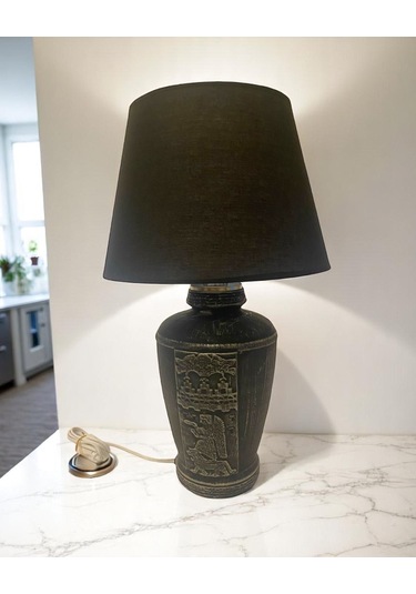 Gümüş Renk Eskitme El Yapımı Sümer Dekoratif Abajur - Siyah Siyah