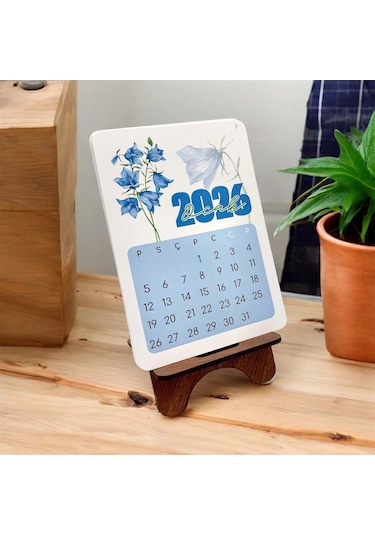 2026 Takvim - Çiçek Desenli Standlı Masaüstü Takvim- Ahşap Telefon Tutucu