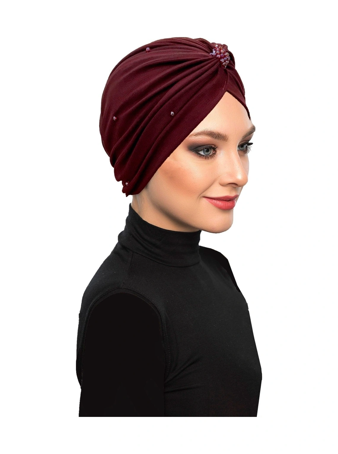 Kristal Tüllü Astarlı Bordo Hazır Türban Tesettür Abiye Bone Bordo