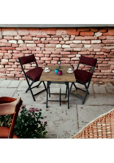 Modern Style Home Balkon Bahçe Mutfak 3'lü Bistro Set Katlanır 2 Sandalye 1 Masa Bordo