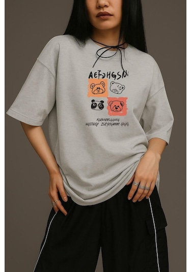 Ayıcık Baskılı Unisex Oversize Tişört Gri