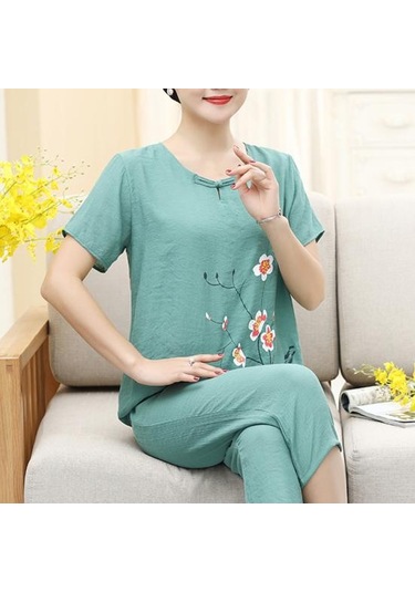 Koyu Yeşil Trendy Kadın Üst Pantolon Takımı O Yaka Orta Bel Hızlı Kuru Koyu Yeşil