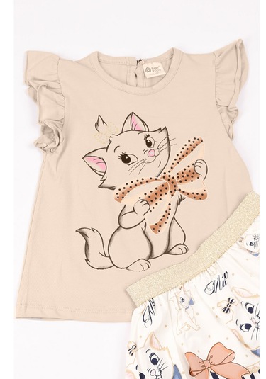Kız Çocuk Takım Etekli Kedi Baskılı Kol Detaylı A66 Taş Rengi