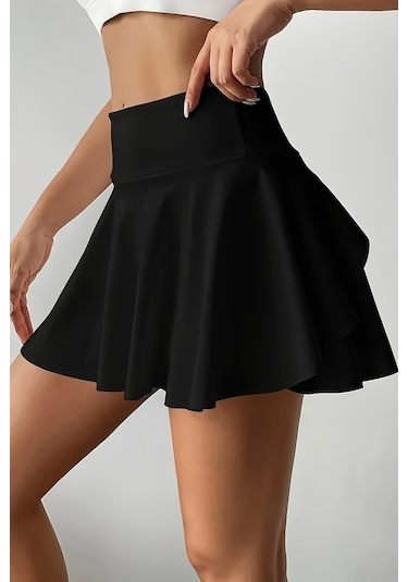 Merry See Esnek Likralı Bol Kesim Cepli Taytlı Sporcu Şort Etek - Tenis Eteği Siyah