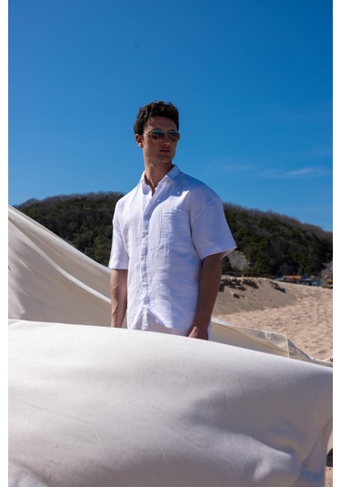 Keten Kumaş Beyaz Renk Cep Detaylı Gömlek Şort Erkek Takım-1733 Beyaz