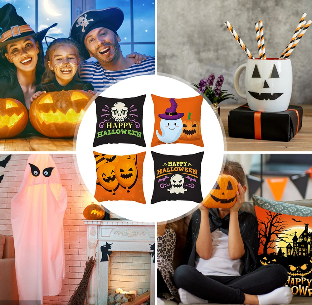 Yaleker Halloween Dekoratif Kumaş Yastık Kılıfı - Kelebek, Ay, Kedi Desenli, Pembe Deri Kadife, Ev Araba Partisi İçin, 45x45cm, Kombinasyon 12 Diğer