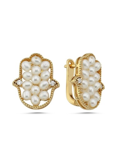 Fatma Elli Doğal İnci 0,18 Karat Pırlanta Küpe Sarı Gümüş