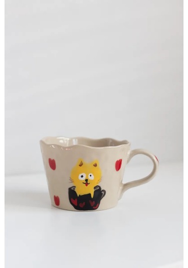 Perex Kedi Figürlü Kupa, Seramik Kupa, Kalp Desenli Kupa 312703845 Bej