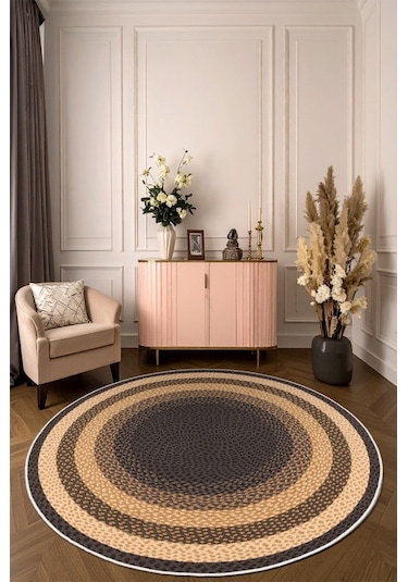Zeminde Sıcaklık Örgü Desen Görünümlü Yuvarlak Kaymaz Taban Halı Bej - Kahve