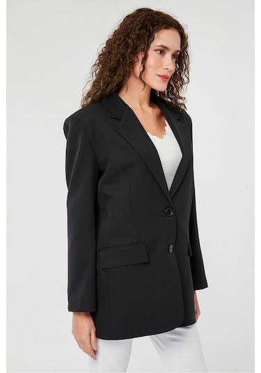 Siyah Kadın Düğmeli Oversize Blazer Ceket Siyah