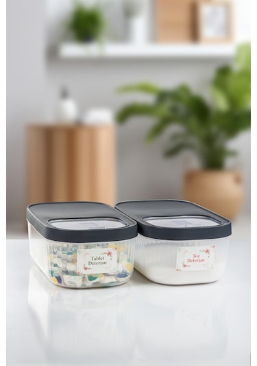 2'li 5 Lt Multibox Kayar Kapaklı Saklama Kabı Toz Ve Tablet Deterjan Kutusu Siyah