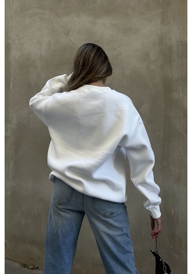 Şeker Pembe Basic Bisiklet Yaka Oversize Sweatshirt Beyaz