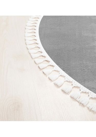 Vl Comfort Peluş Halı Beyaz Düz Saçaklı Açık Gri Yuvarlak