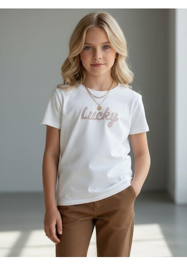 Zekids Kız Çocuk Lucky Baskılı Pamuklu T-shirt-16886 Ekru Kahve
