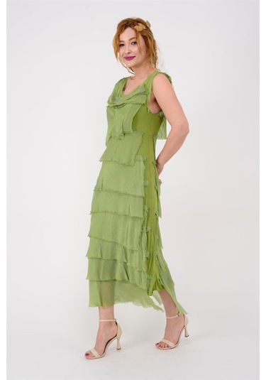 Italyan 2 Beden İnce Gösteren Kat Kat Kolsuz Ipek Elbise Fıstık Yeşili