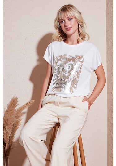 Lela Baskılı Bisiklet Yaka Regular Fit Bayan T Shirt 6671001 Ekru