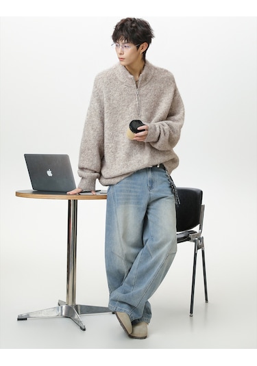 Erkekler İçin Yarım Fermuarlı Dik Yaka Kazak, Sonbahar Ve Kış İçin Kalın Ve Sıcak Örme Kazak Koyu Gri