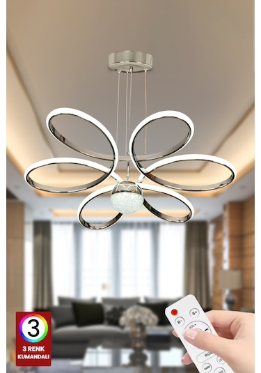Fuzon Orkide Led Avize Büyük Salon Avize 3 Renk Kumandalı Aviz Gri - Gümüş
