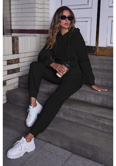 Modagen Kadın Siyah Kapüşonlu Alt Üst Eşofman Takımı Siyah