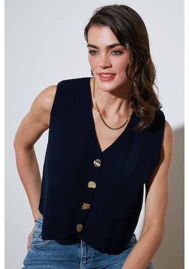 Lela Standart Fit V Yaka Düğmeli Triko Bayan Yelek 4616177 Lacivert