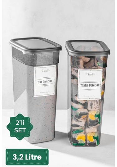 Vienev Etiketli 2 Adet Toz Ve Tablet Deterjan Saklama Kutusu Deterjan Saklama Kabı 3,2 Litre
