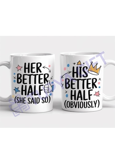 Mizahi Çift Kupası Seti - "her Better Half" Ve "his Better Half" Beyaz