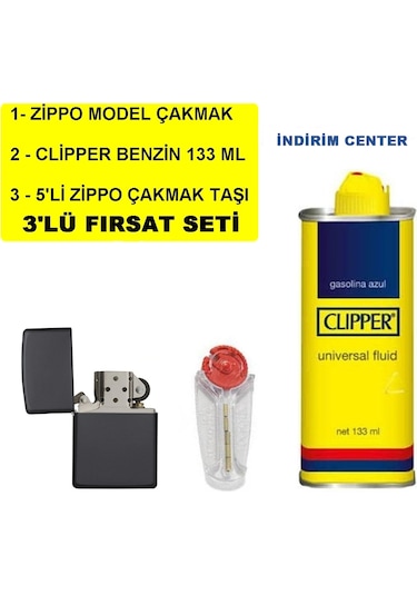 İthal Siyah Çakmak + Clipper Benzin 133 Ml + 5 Li Taşı Set