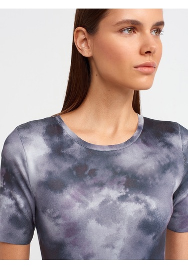 Dilvin Bisiklet Yaka Kısa Kol Baskılı Triko Elbise Füme