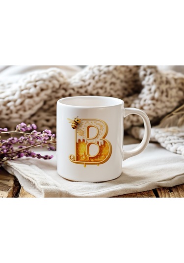 B Harfi Bal Arısı Tasarım Kupa Bardak - Bal Ve Petek Desenli Kişiye Özel Kahve Kupası - Hediyelik Beyaz