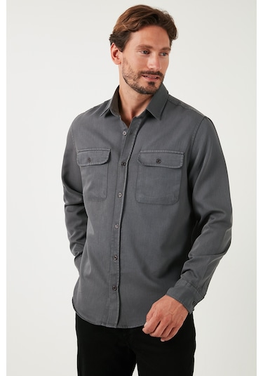 Buratti Pamuklu Çift Cepli Regular Fit Erkek Gömlek Cf25W128858 Antrasit