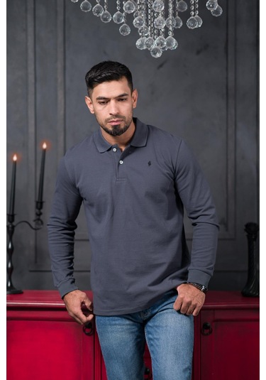 San&fa Regular Fit Polo Yaka Uzun Kol Pamuklu Baharlık Sweatshirt Antrasit