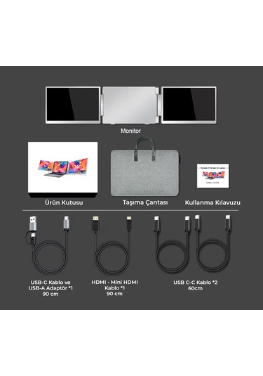 Ultrax 14" İkili Taşınabilir Monitör Çoklu Ekran 1200p Notebook Monitör