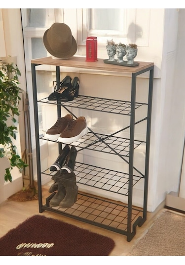 5 Metal Raflı Ahşap Tablalı Dresuar Salon Sehpa Ve Ayakkabılık Siyah