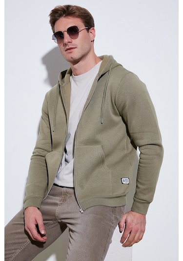 Buratti Regular Fit Kapüşonlu Fermuarlı Içi Tüylü Yumuşak Şardonlu Kışlık Erkek Sweat 5905340 Vizon Yeşili