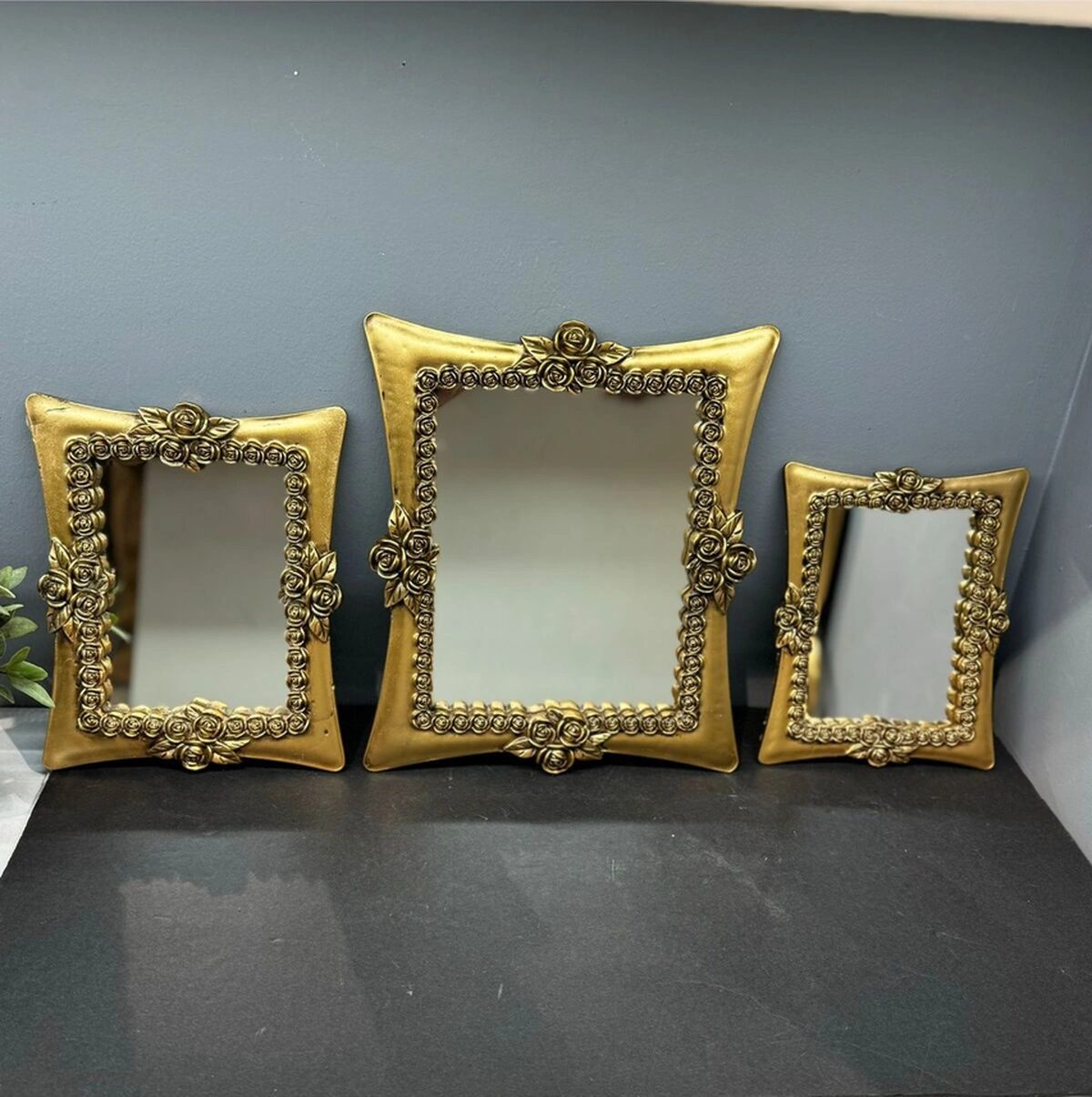 Dekoratif Polyester Üçlü Kare Ayna Takımı Gold Eskitme