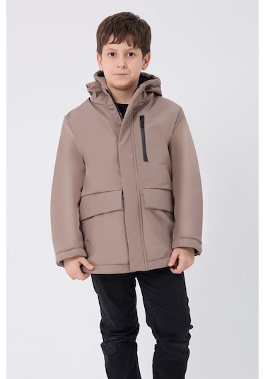 Erkek Çocuk Vizon Içi Kürklü Su Ve Rüzgar Geçirmez Kapüşonlu 3 Cep Kışlık Mont & Kaban & Parka Vizon