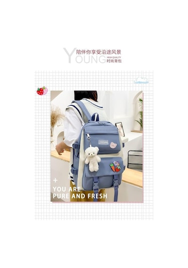 Aromee 5 Parça Set Kadın Laptop Sırt Çantası Tuval Okul Çantaları - Mavi