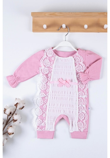 Gofralı Fransız Güpürlü % 100 Pamuk Kız Bebek Tulumu Pembe