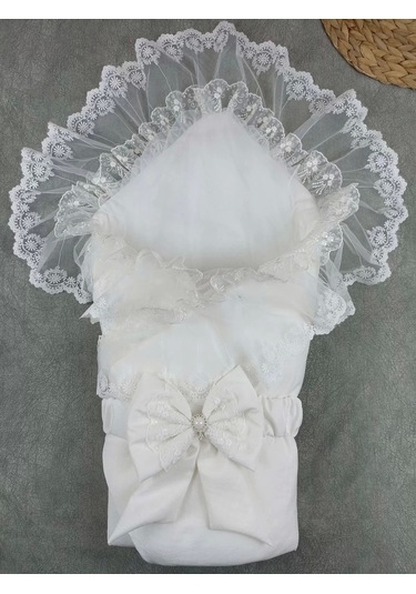 Yenidoğan Bambu Taç Nakışlı Delüks Kundak Bebek Battaniyesi Ekru Ekru