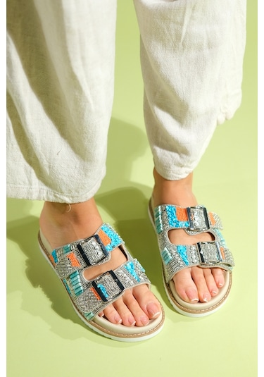 Luvishoes Lanso Bej Taşlı Çift Bantlı Kadın Terlik Bej