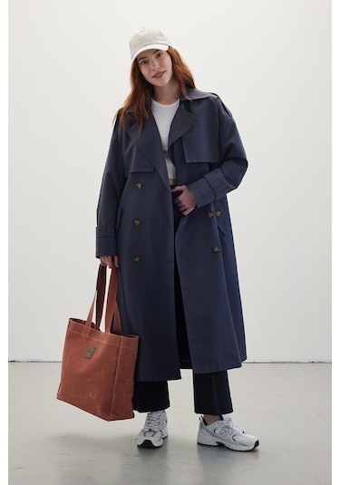 Manuka Düğmeli Kruvaze Trençkot Lacivert
