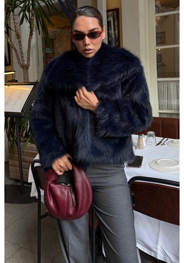 Lacivert Yumuşak Dokulu Kadın Kürk Mont Mg2204 Lacivert