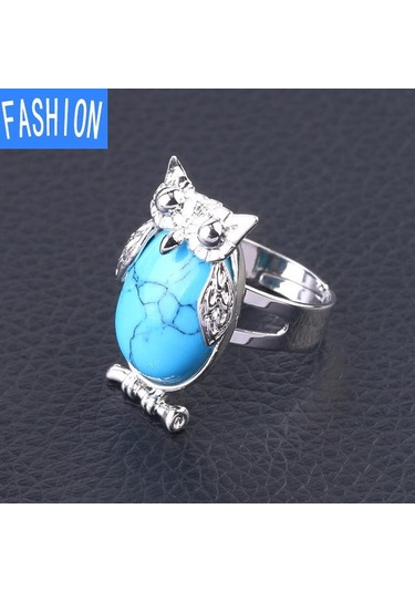 Mavi Turkuaz Metal Baykuş Dışbükey Doğal Kristal Kakma Ayarlanabilir Yüzük Çok Renkli