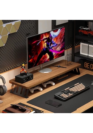 Motion003 Ergonomik Ahşap Monitör Standı Yükseltici Bej Çerçeve Kütük Tahta 50 Cm Büyük Çift Ekran Masa Rafı L Şeklinde Bacaklı