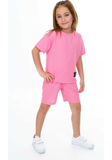 Bisiklet Yaka Şortlu Kız Çocuk Şortlu Takım Pembe