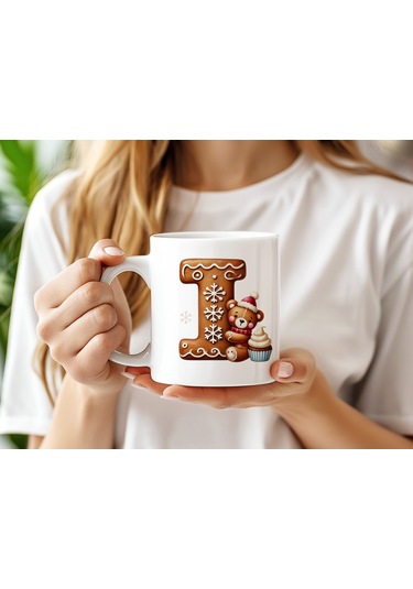 I Kurabiye Harf Ve Ayıcık Detaylı Kupa Bardak - Yeni Yıl / Yılbaşı Temalı Tasarım - Noel Hediye Beyaz