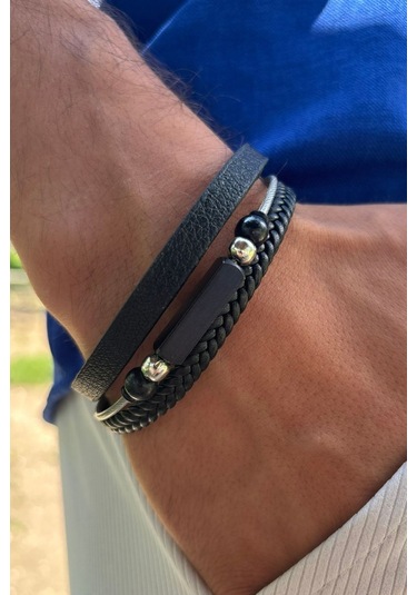 Siyah Örgülü Taşlı El İşçiliği İle Üretilmiş Hakiki Deri Erkek Bileklik Siyah