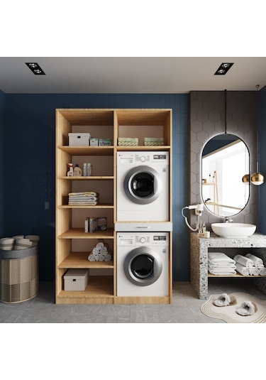 Modena Çamaşır Ve Kurutma Makinesi Dolabı Banyo Dolabı Meşe Beyaz Meşe Beyaz