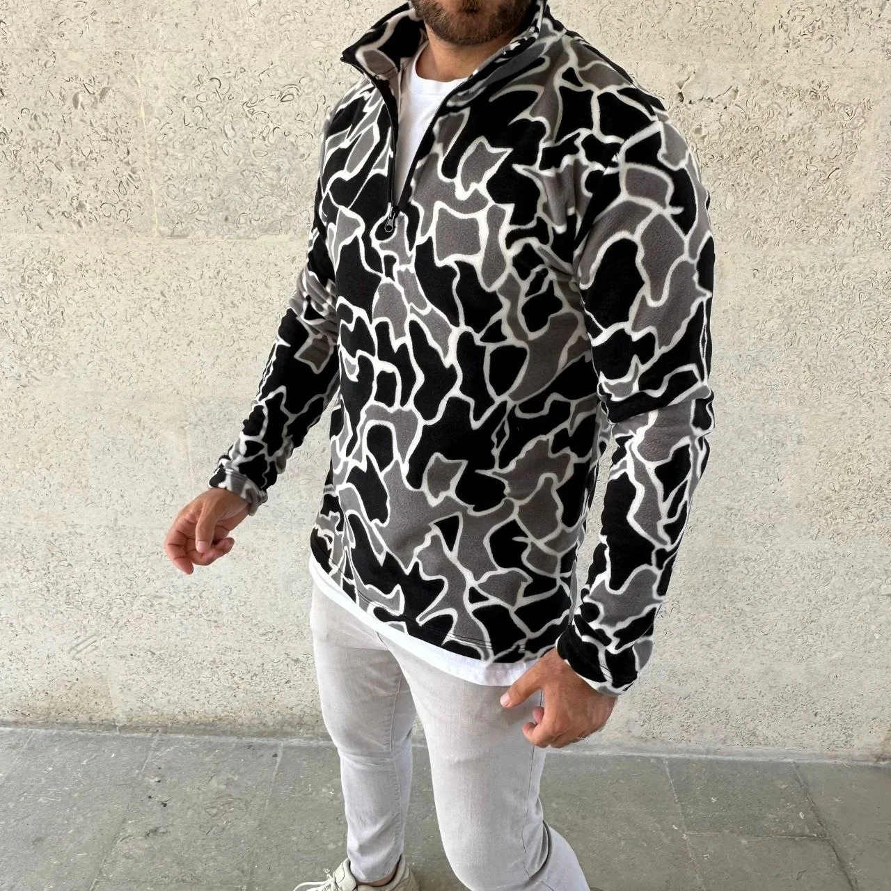 Erkek Yarım Fermuarlı Desenli Polar Sweat Yakalı, Uzun Kollu, Oversize Rahat Kalıp - Siyah Siyah